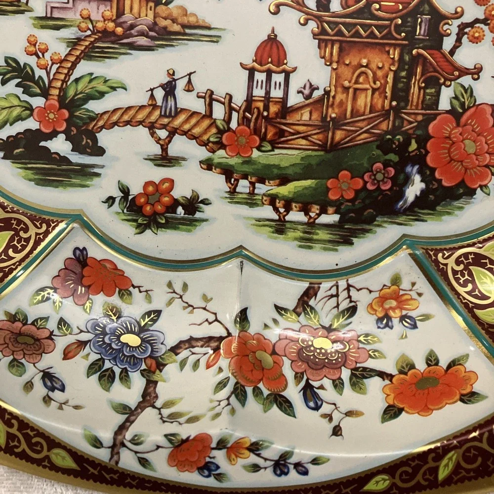 Daher Decorated Ware Tin Bowl Large Oval 13” Gold Floral Scenic 1971 England VTG
